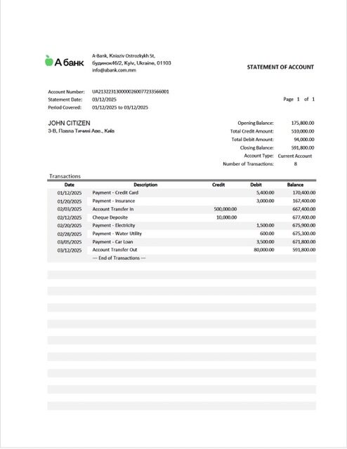Ukraine A-Bank statement of account Word and PDF template