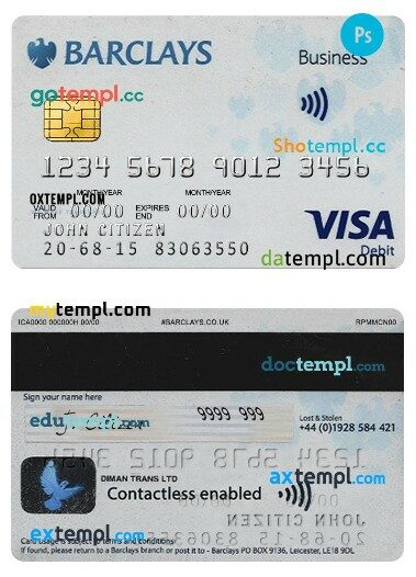 United Kingdom Barclays PLC visa card template in PSD format