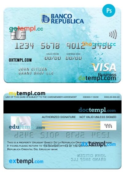 Uruguay Banco De La Republica Oriental Del Uruguay bank visa business card template in PSD format