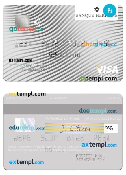 Uruguay Banque Heritage visa business card template in PSD format