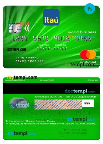 Uruguay Itau bank world business mastercard template in PSD format