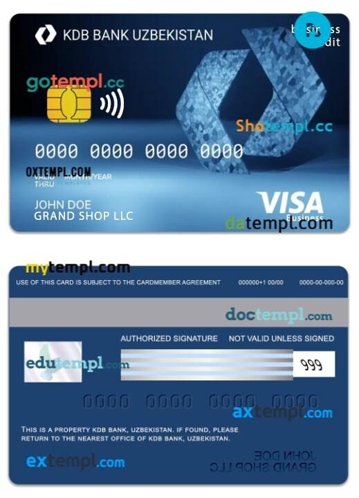 Uzbekistan KDB Bank visa business credit card template in PSD format