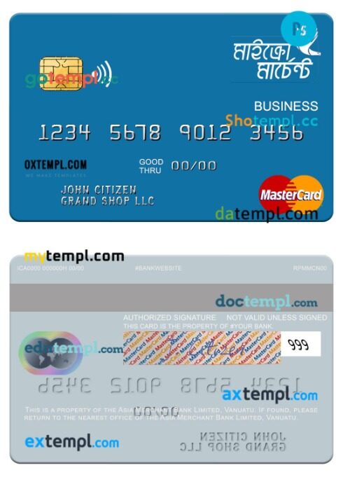Vanuatu Asia Merchant Bank Limited business mastercard template in PSD format