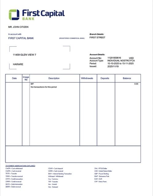 Zambia First Capital Bank account statement Word and PDF template