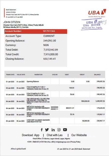Zambia United Bank for Africa bank statement Word and PDF template