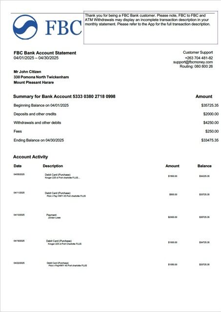 Zimbabwe FBC Bank account statement Word and PDF template