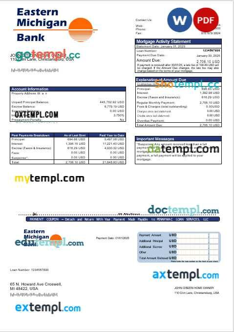 USA Eastern Michigan bank mortgage statement in Word and PDF formats USA Eastern Michigan bank mortgage statement in Word and PDF formats