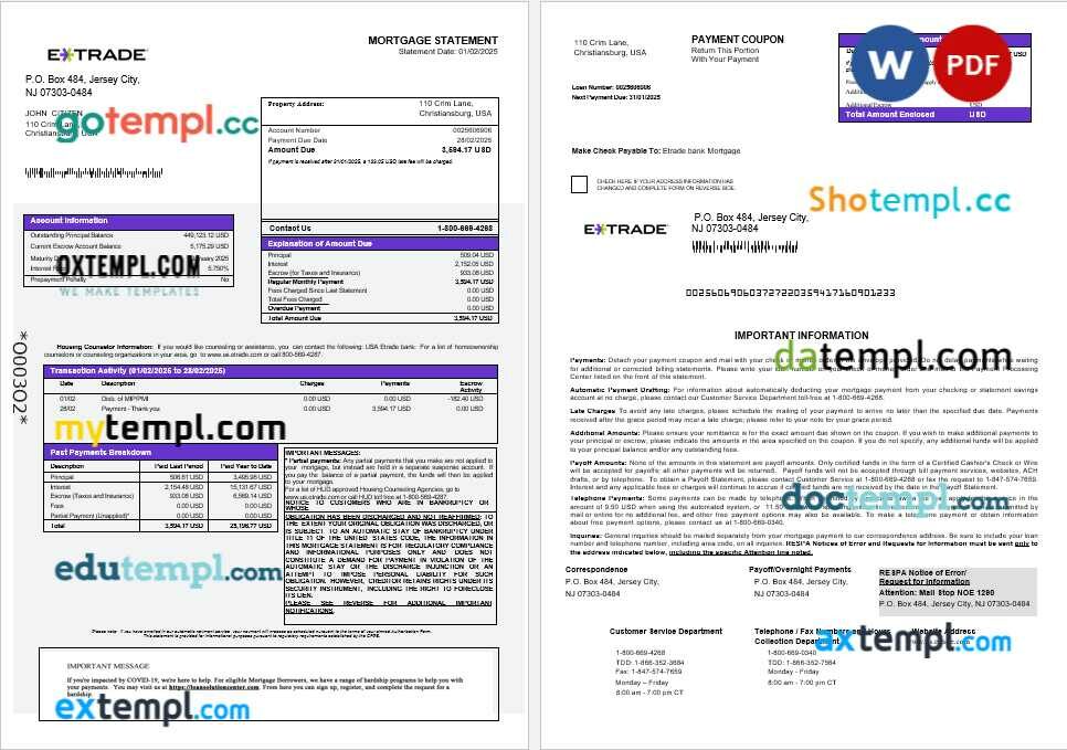 USA Etrade bank mortgage statement in Word and PDF formats USA Etrade bank mortgage statement in Word and PDF formats