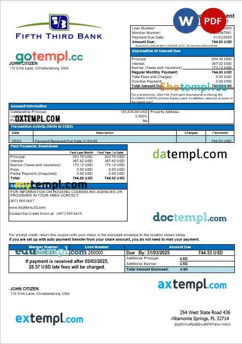 USA Fifth Third Bank mortgage statement in Word and PDF formats USA Fifth Third Bank mortgage statement in Word and PDF formats
