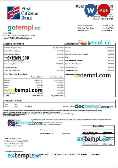 USA First Citizens bank mortgage statement in Word and PDF formats USA First Citizens bank mortgage statement in Word and PDF formats