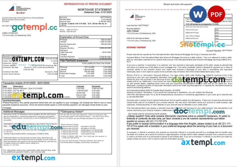 USA First International Bank & Trust bank mortgage statement in Word and PDF formats, 3 pages USA First International Bank & Trust bank mortgage statement in Word and PDF formats, 3 pages