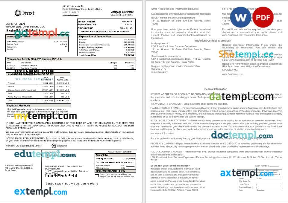 USA Frost bank mortgage statement in Word and PDF formats USA Frost bank mortgage statement in Word and PDF formats