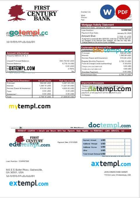 USA Georgian Gainesville First Century bank mortgage statement in Word and PDF formats USA Georgian Gainesville First Century bank mortgage statement in Word and PDF formats