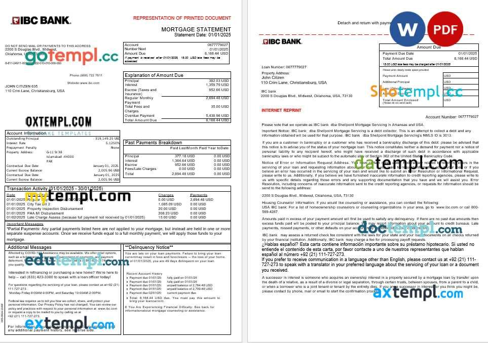 USA IBC bank mortgage statement in Word and PDF formats, 3 pages