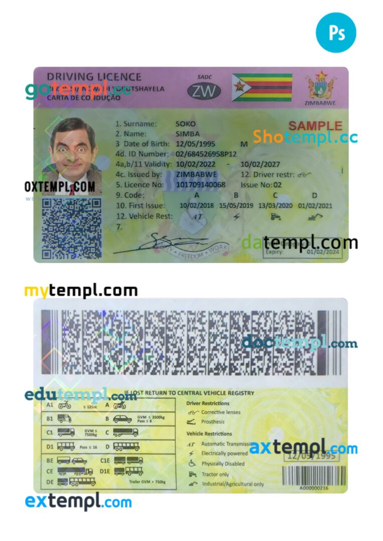 Zimbabwe driving license PSD editable template Zimbabwe driving license PSD editable template
