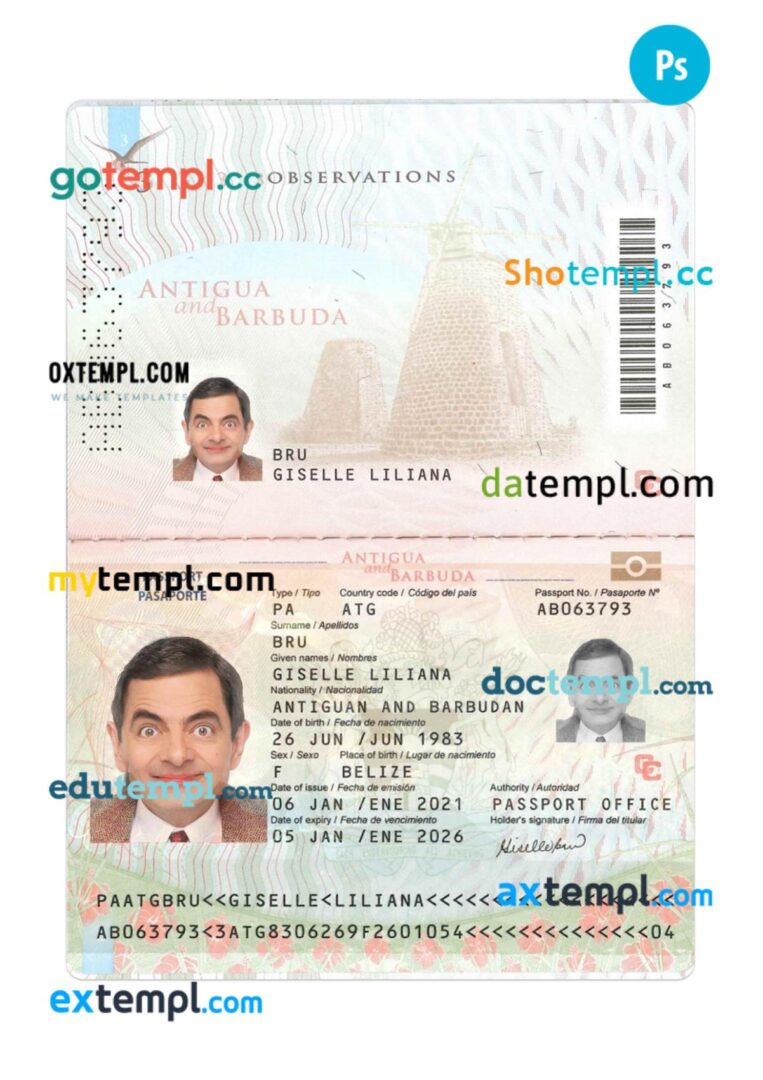 Antigua and Barbuda passport PSD template, 2021-present Antigua and Barbuda passport PSD template, 2021-present