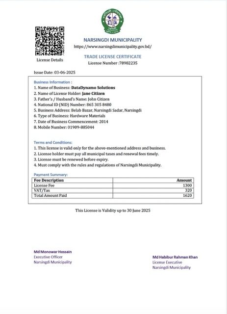 Bangladesh Narsingdi trade license certificate Word and PDF template Bangladesh Narsingdi trade license certificate Word and PDF template