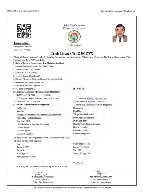 Bangladesh Sylhet trade license Word and PDF template Bangladesh Sylhet trade license Word and PDF template