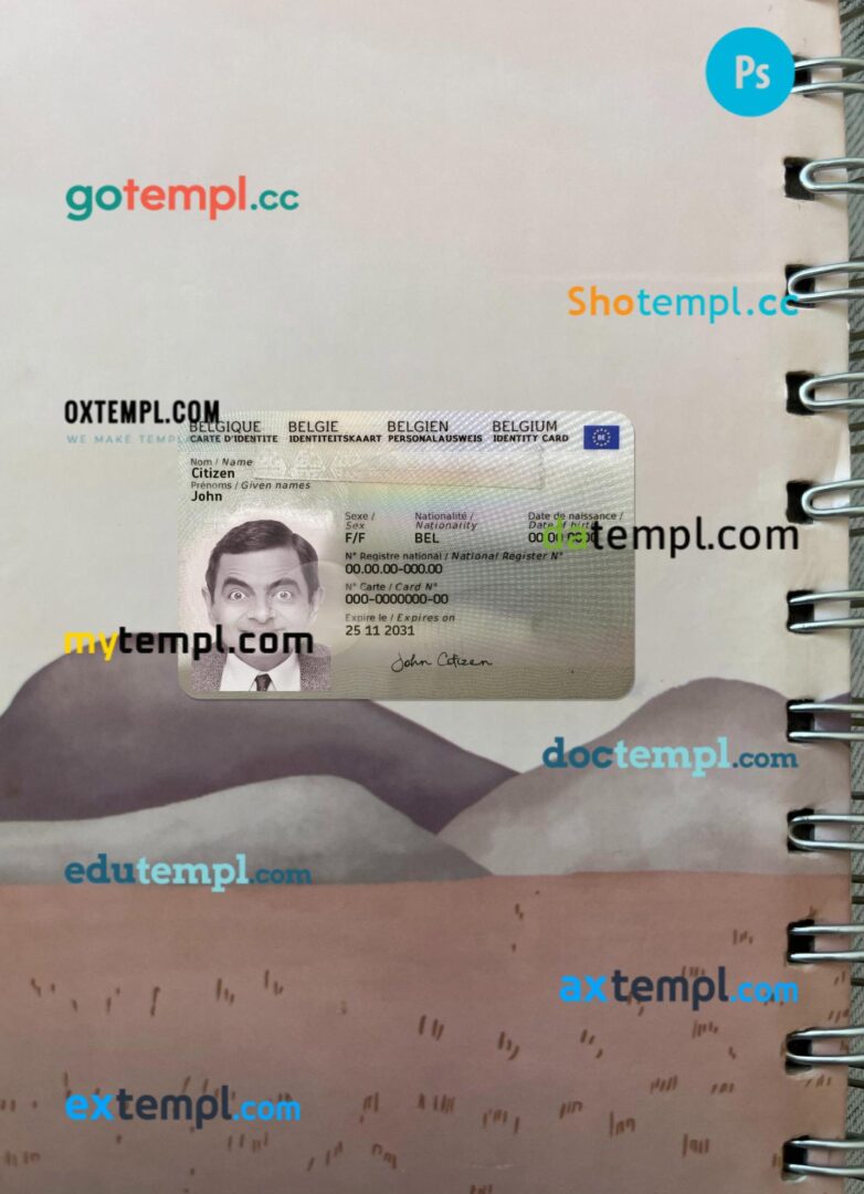 Belgium ID editable PSD files, scan look and photo-realistic look, 2 in 1, 2021- present Belgium ID editable PSD files, scan look and photo-realistic look, 2 in 1, 2021- present