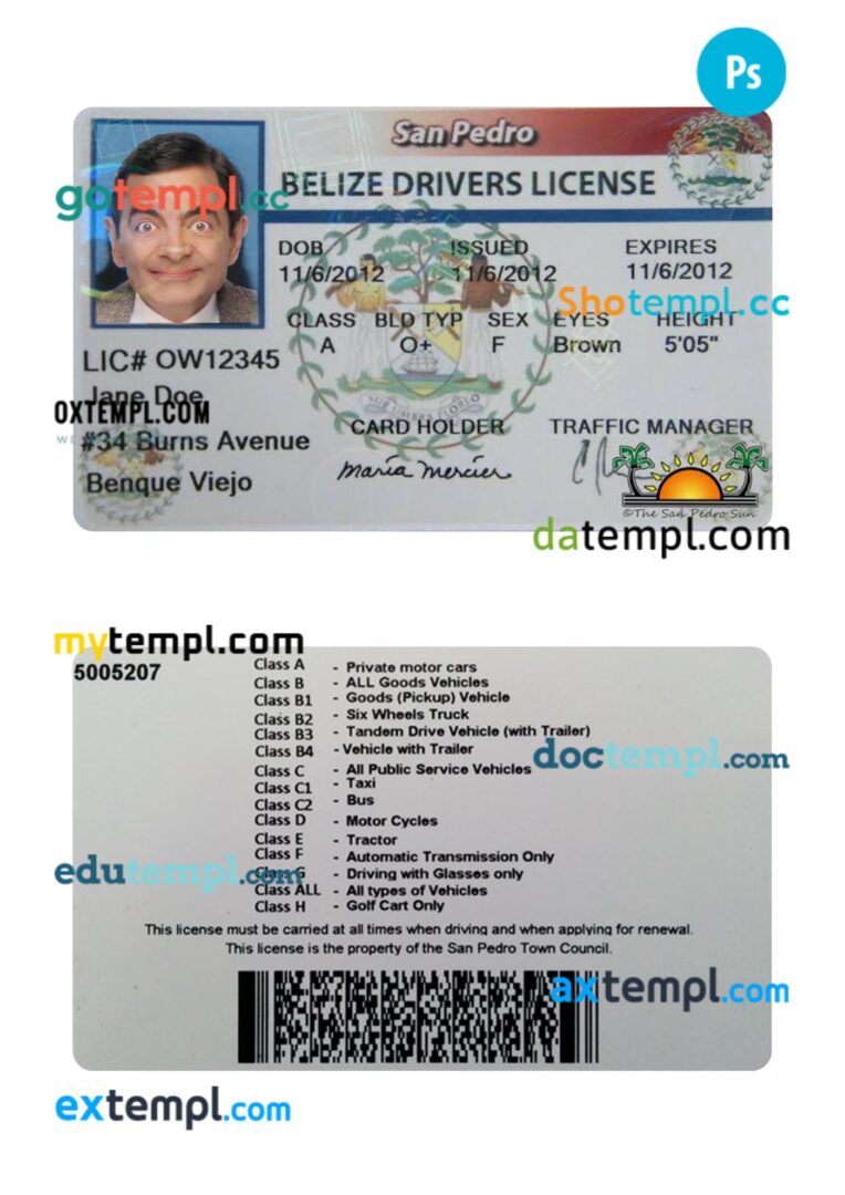 Belize driving license PSD editable template Belize driving license PSD editable template