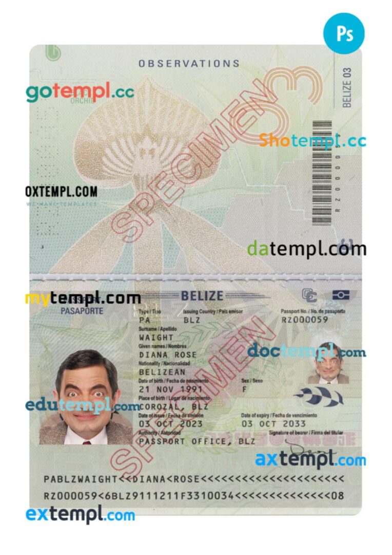 Belize passport PSD template, 2023-present Belize passport PSD template, 2023-present