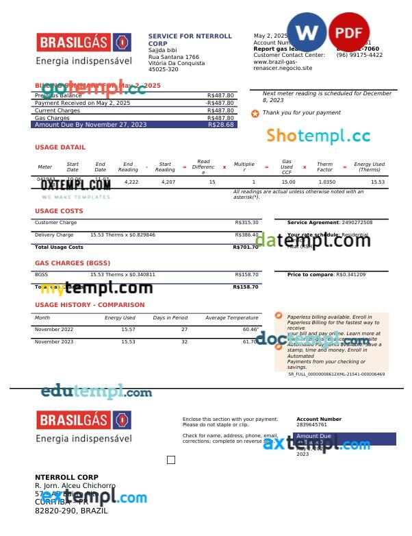 Brazil Brasilgás natural gas utility bill in Word and PDF format Brazil Brasilgás natural gas utility bill in Word and PDF format