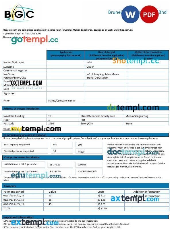 Brunei Gas Carriers Sdn Bhd Natural gas utility bill in Word and PDF format Brunei Gas Carriers Sdn Bhd Natural gas utility bill in Word and PDF format
