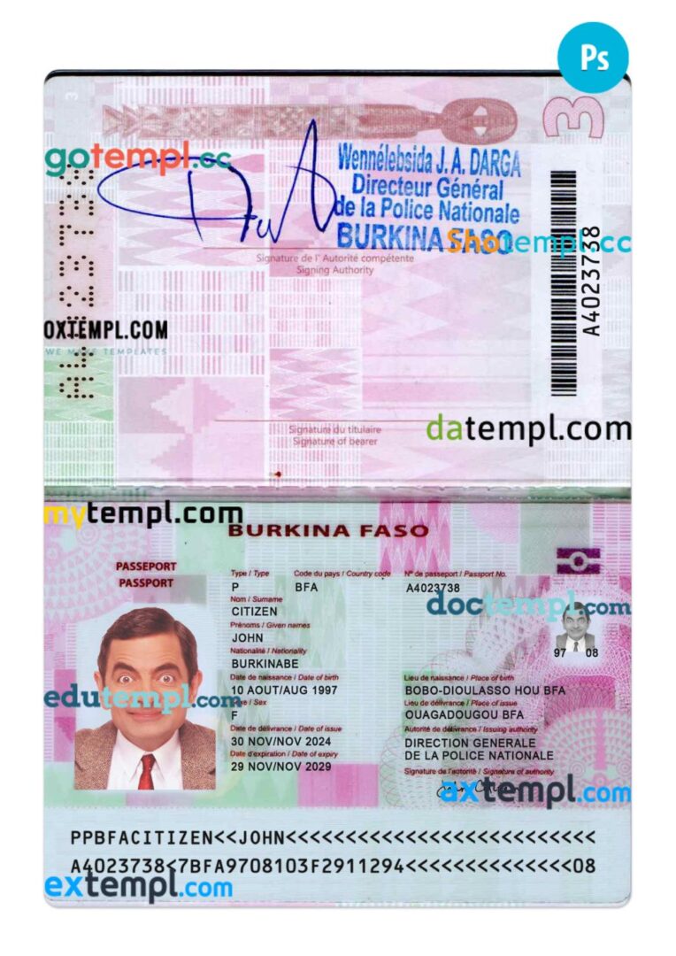 Burkina Faso passport PSD template, 2024-present Burkina Faso passport PSD template, 2024-present