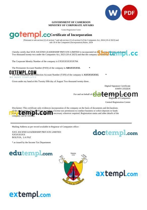 Cameroon certificate of Incorporation Word and PDF template Cameroon certificate of Incorporation Word and PDF template