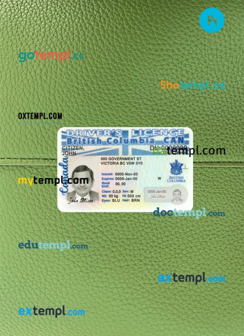 Canada British Columbia driving license PSD files, scan look and photographed image, 2 in 1, new version Canada British Columbia driving license PSD files, scan look and photographed image, 2 in 1, new version