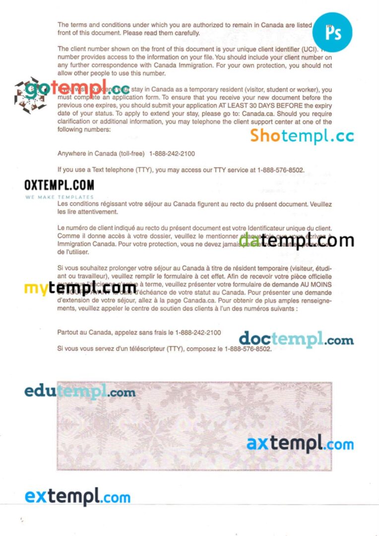 Canada work permit template in PSD format, 2023-present, 2 pages Canada work permit template in PSD format, 2023-present, 2 pages
