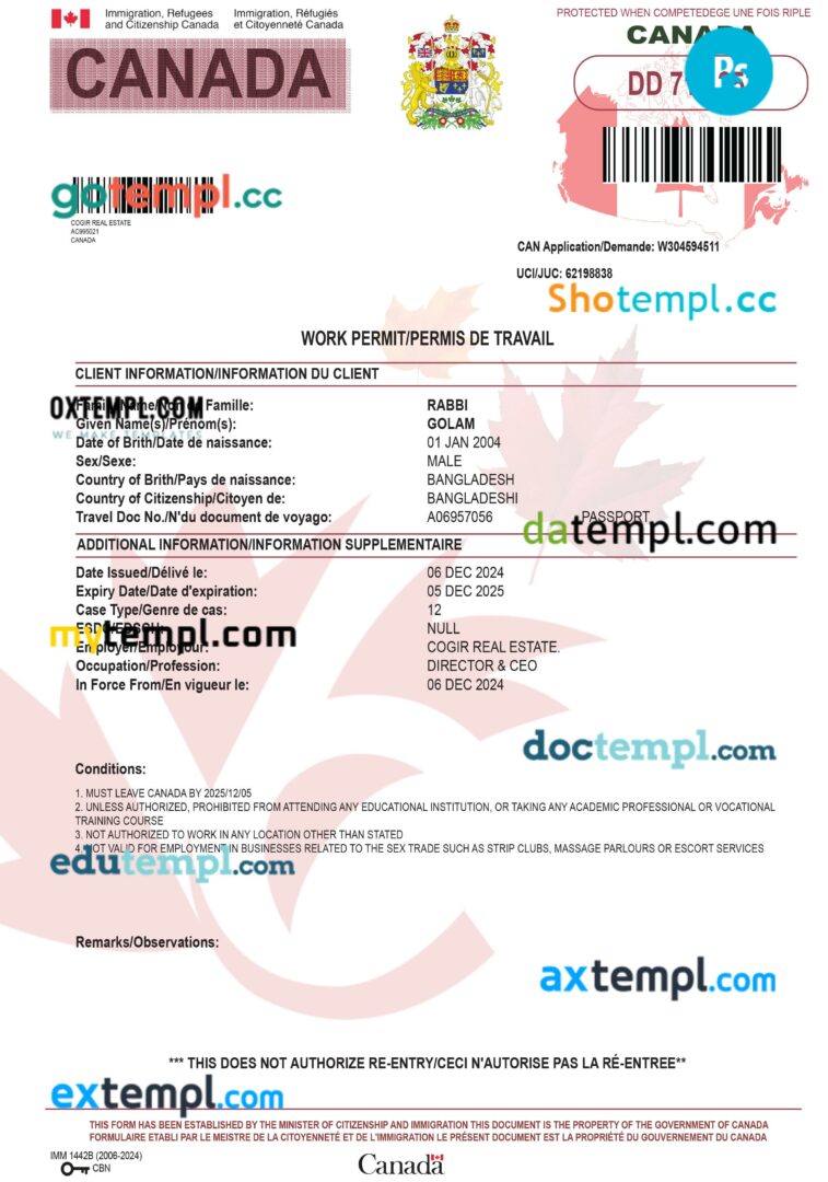 Canada work permit template in PSD format, 2024-present