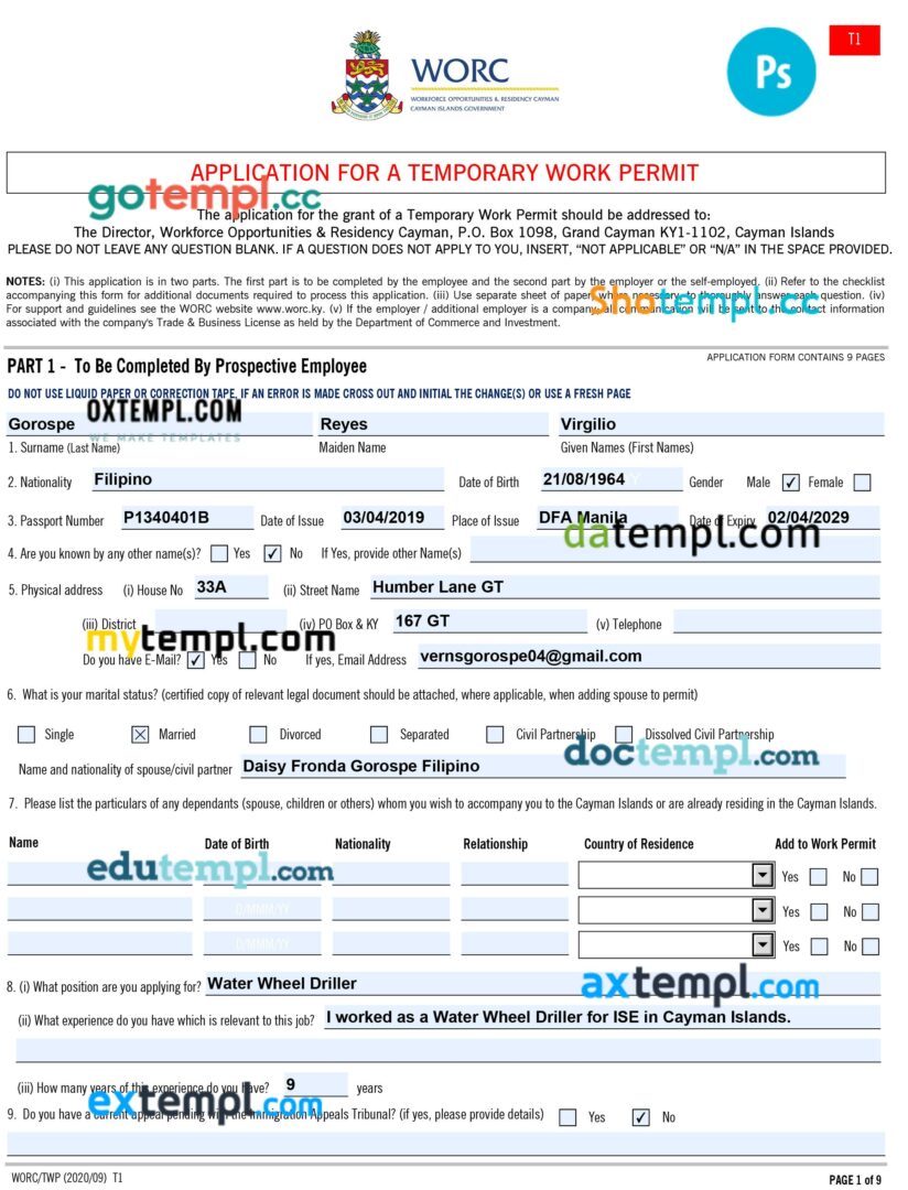 Cayman Islands work permit template in PSD format