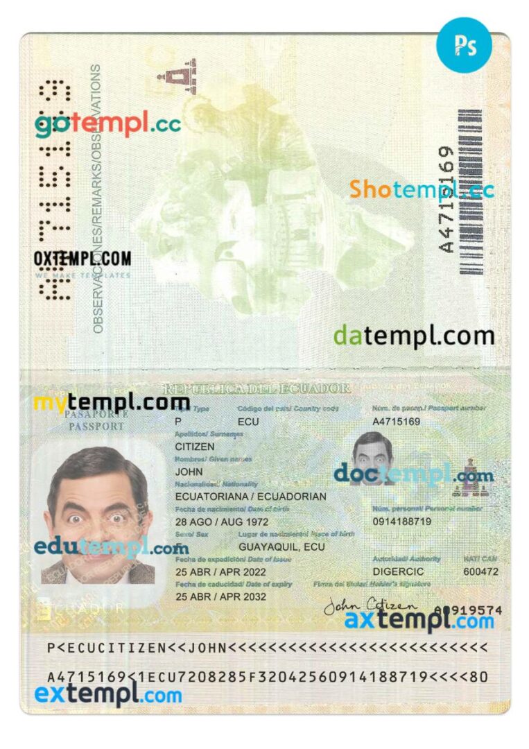 Ecuador passport PSD template, 2022-present Ecuador passport PSD template, 2022-present