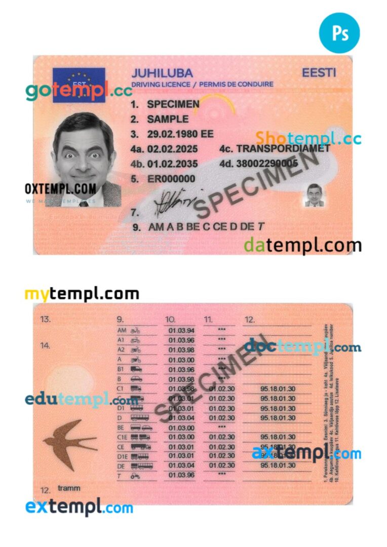 Estonia driving license PSD editable template, 2025-present Estonia driving license PSD editable template, 2025-present
