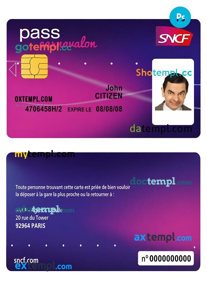 France SNCF Pass Carnaval card template in PSD format
