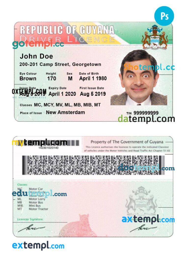 Guyana driving license PSD editable template, 2019-present Guyana driving license PSD editable template, 2019-present