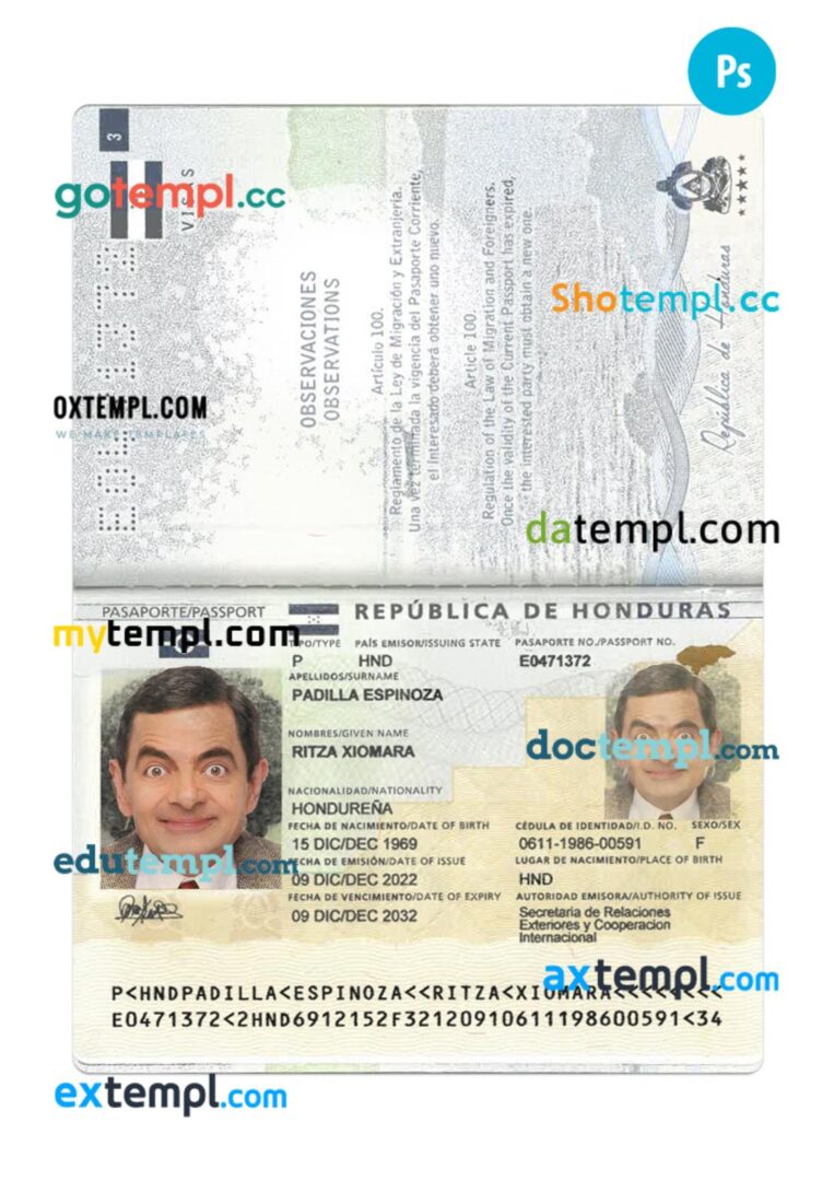 Honduras passport PSD template, 2022-present Honduras passport PSD template, 2022-present