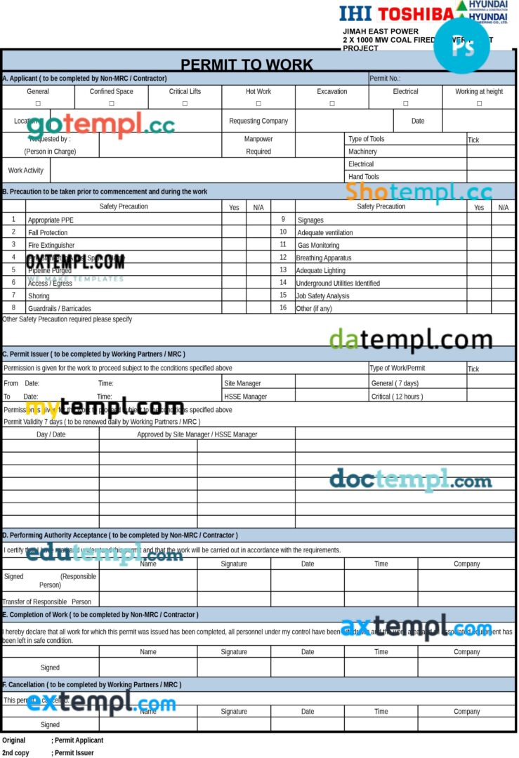 Ihi Toshiba work permit template in PSD format