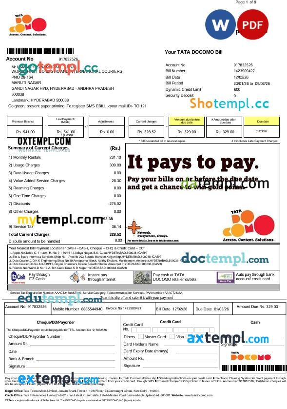 India Tata Docomo postpaid mobile utility bill in Word and PDF format India Tata Docomo postpaid mobile utility bill in Word and PDF format