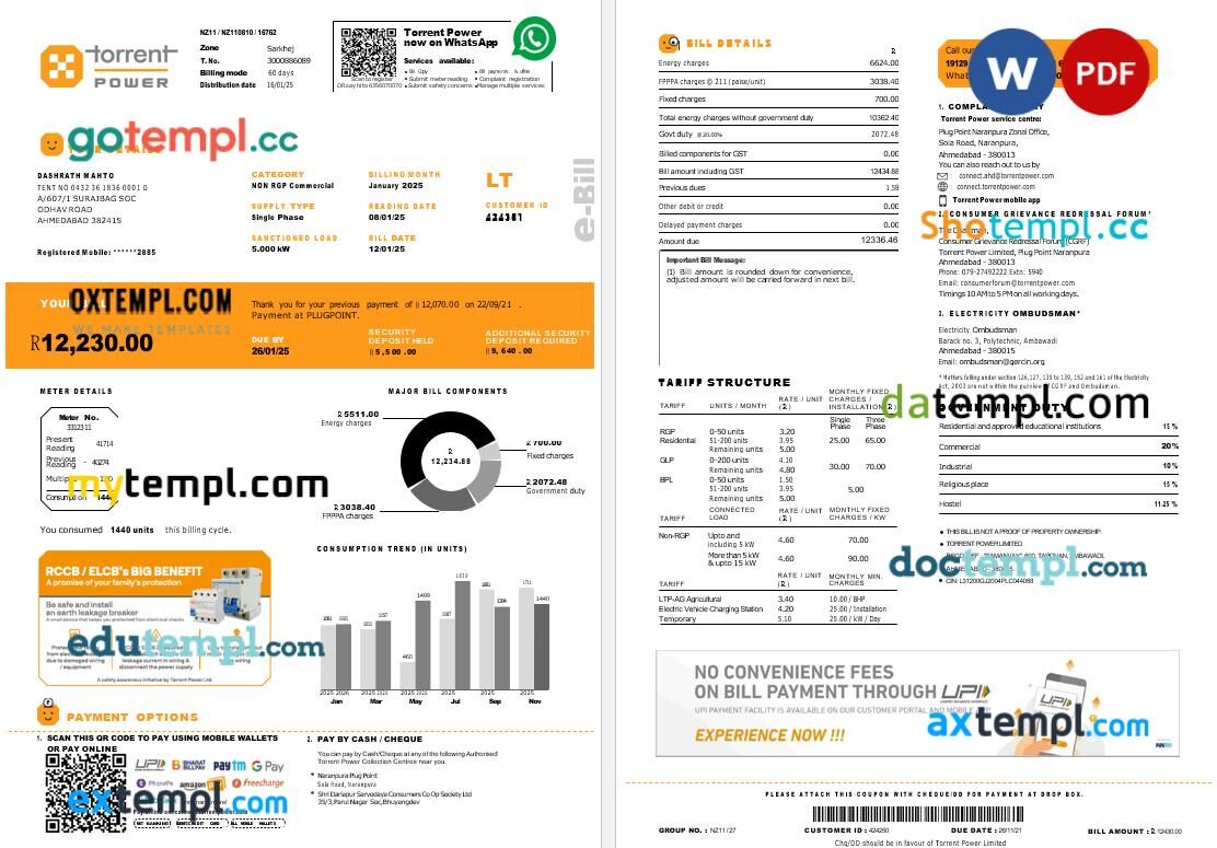India Torrent Power electricity utility bill in Word and PDF format India Torrent Power electricity utility bill in Word and PDF format