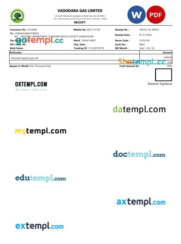 India VADODARA GAS LIMITED Gas bill payment receipt PSD template India VADODARA GAS LIMITED Gas bill payment receipt PSD template