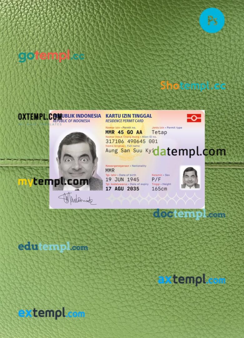 Indonesia residence permit PSD files, scan look and photo-realistic look, 2 in 1 Indonesia residence permit PSD files, scan look and photo-realistic look, 2 in 1