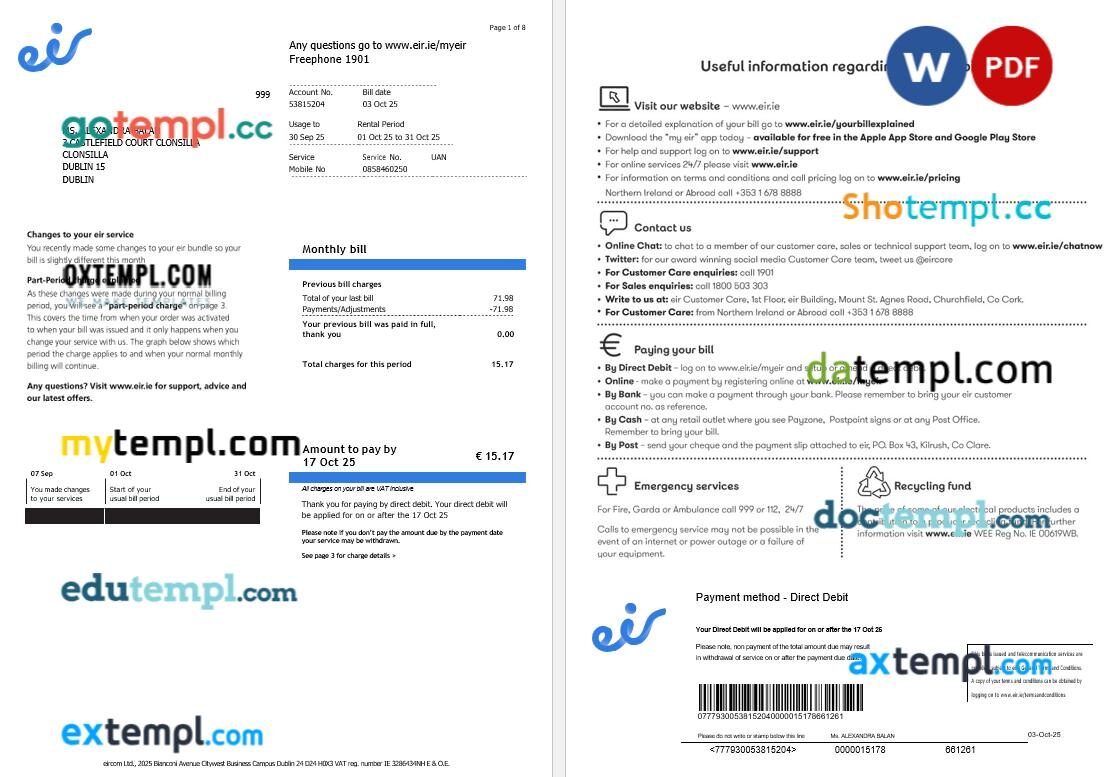 Ireland Eir mobile telecom utility bill in Word and PDF format, 8 pages Ireland Eir mobile telecom utility bill in Word and PDF format, 8 pages