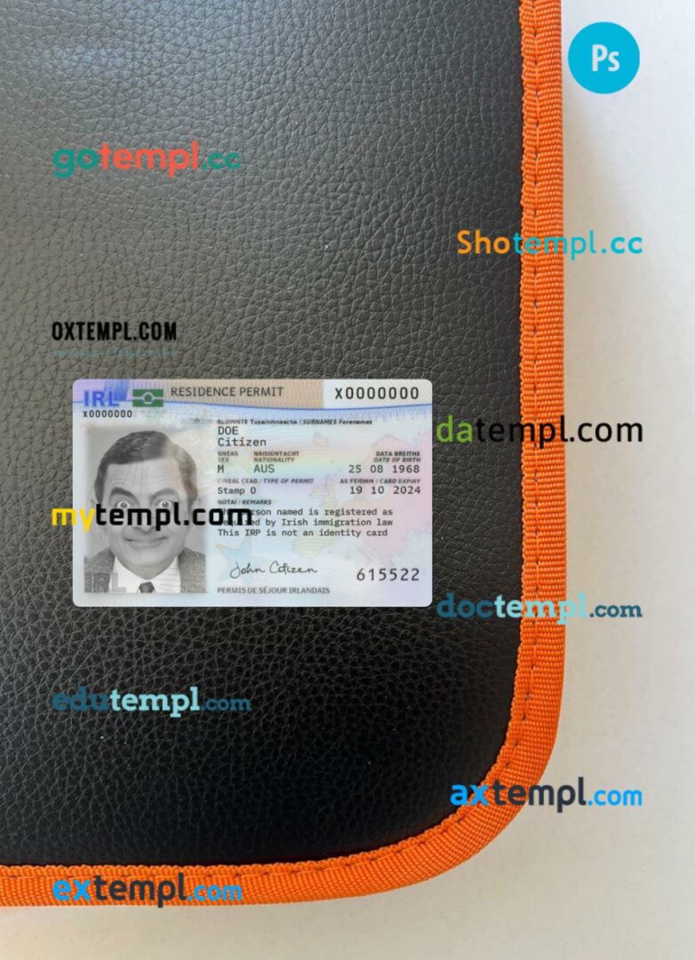 Ireland residence permit editable PSD files, scan look and photo-realistic look, 2 in 1, 2021-present Ireland residence permit editable PSD files, scan look and photo-realistic look, 2 in 1, 2021-present