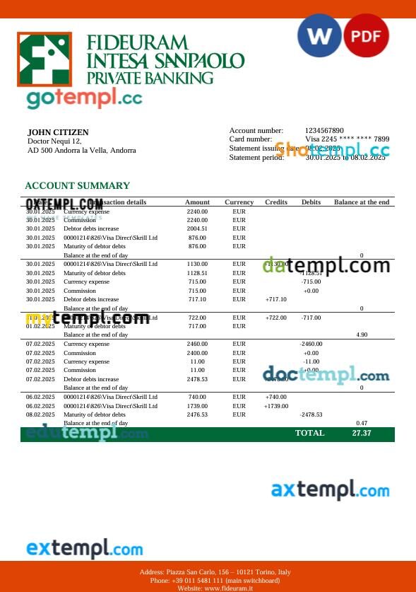 Italy Fideuram bank statement template in Word and PDF format Italy Fideuram bank statement template in Word and PDF format