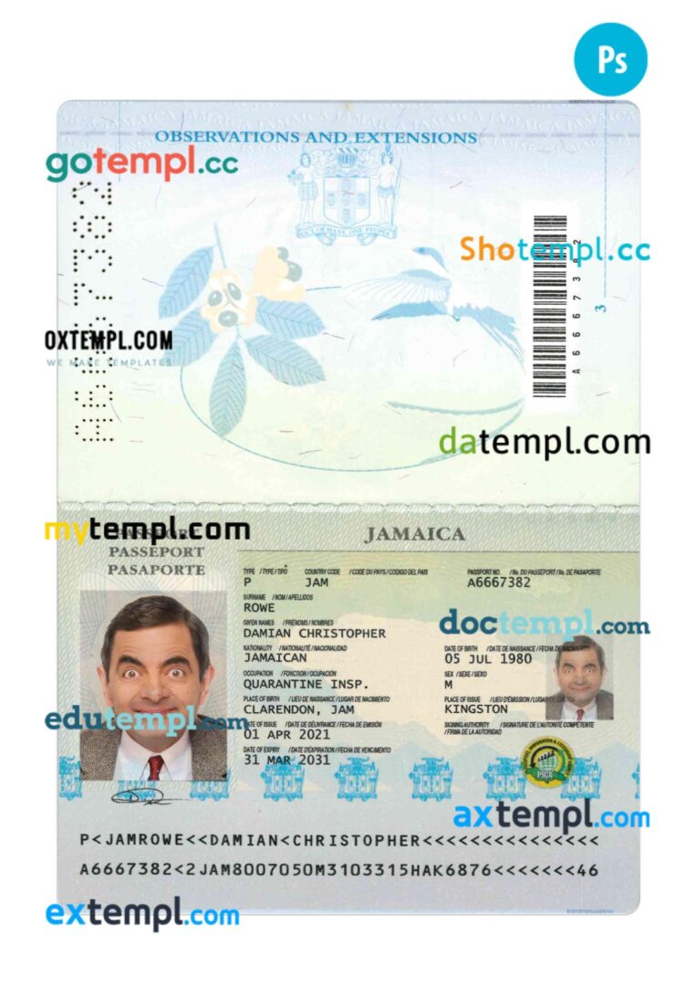 Jamaica passport PSD template, 2021-present Jamaica passport PSD template, 2021-present