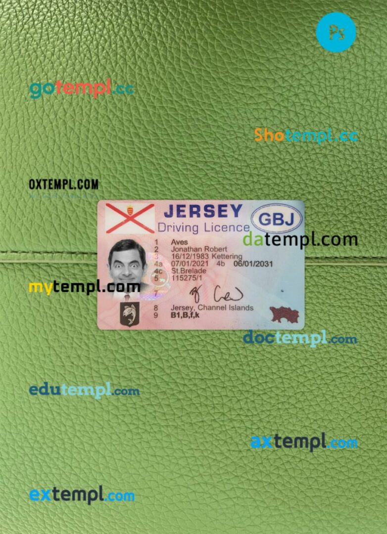 Jersey driving license PSD files, scan look and photographed image, 2 in 1