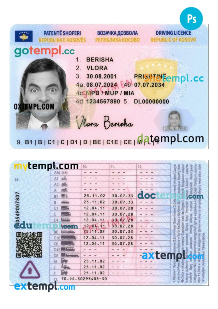 Kosovo driving license PSD editable template, 2024-present Kosovo driving license PSD editable template, 2024-present
