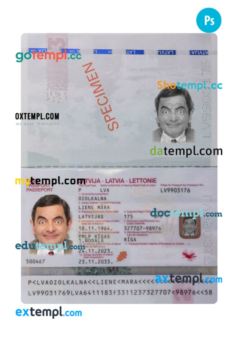 Latvia passport PSD template, 2023-present Latvia passport PSD template, 2023-present